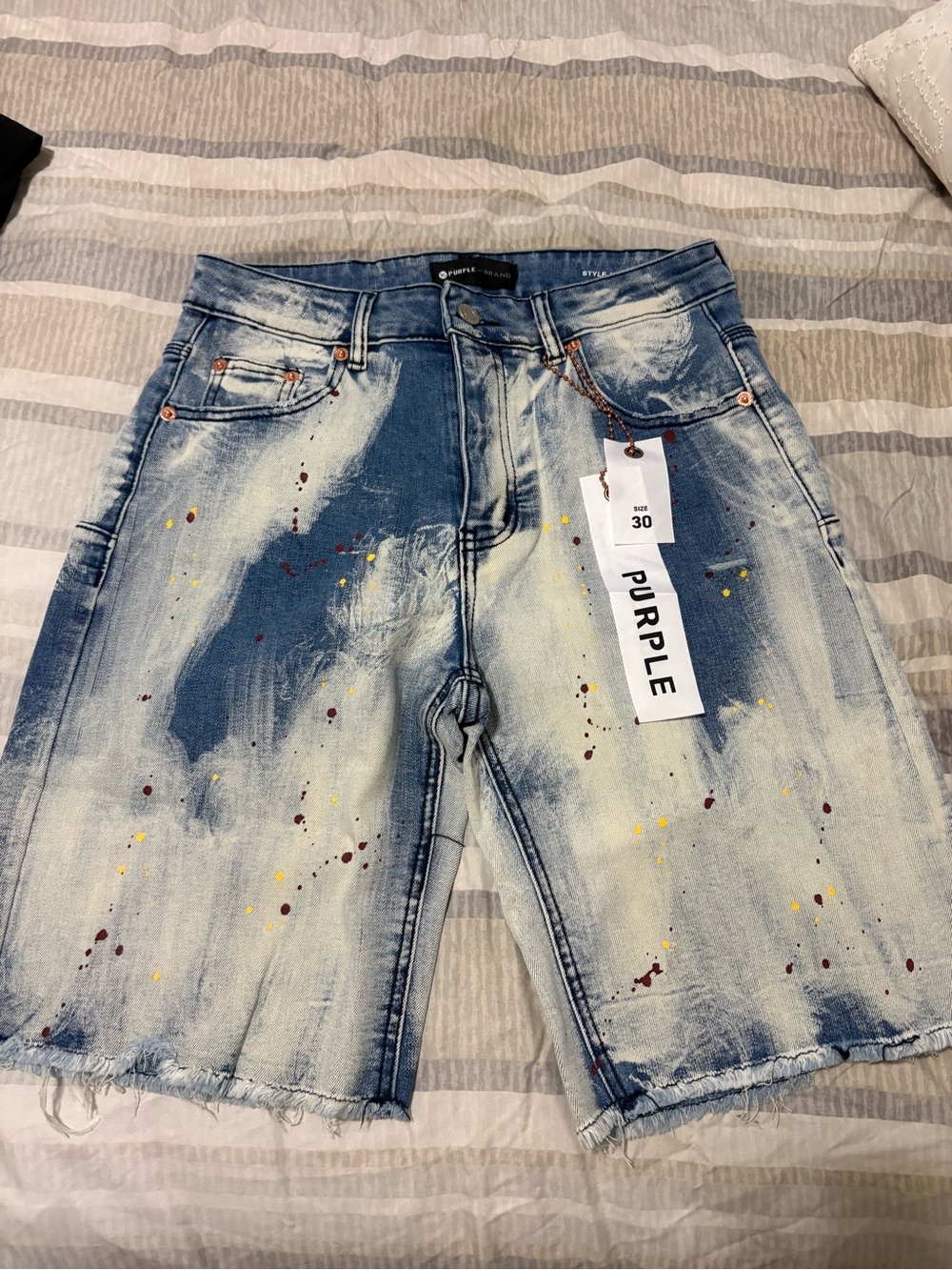 Purple Men's Distressed Paint-Splatter Denim Shorts - Blue